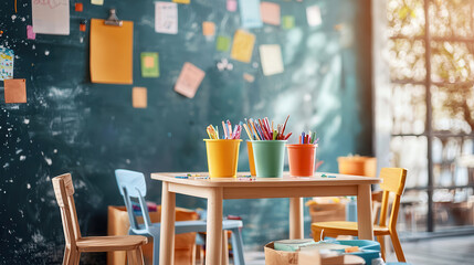 colorful classroom with art supplies in pots on table, inviting creativity and learning