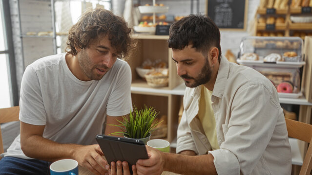 Men friends in a bakery cafe looking at a tablet together, surrounded by various breads and pastries while enjoying a casual indoor setting.