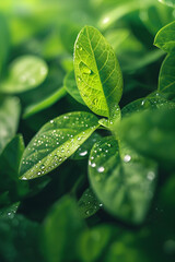 Close-Up of Fresh Green Plant with Dew Drops in Soft Sunlight, Emphasizing Nature's Details and Vitality