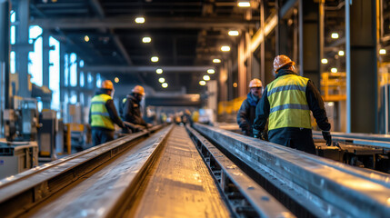Naklejka premium High tech recycling center with automated sorting and workers in safety gear