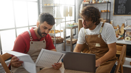 Two men, bakers working together in a bakery interior, review documents and a laptop, surrounded by...