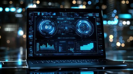 Futuristic laptop displaying data, city night background