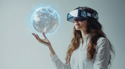 Young Woman Using Virtual Reality Headset with Holographic Globe