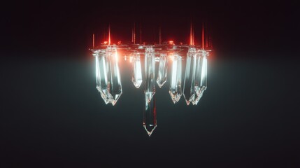 A striking display of illuminated crystals with sharp edges, suspended in a dark environment, creating an ethereal and mystical atmosphere.