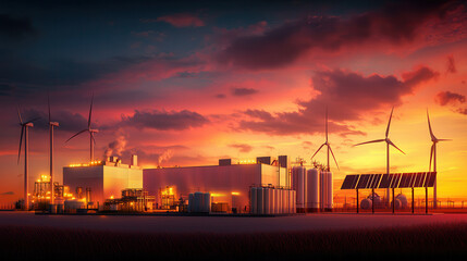 Naklejka premium High tech renewable energy plant with wind turbines and solar panels at sunset