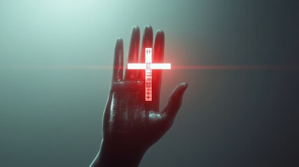 A dark, eerie image of a hand holding a glowing red cross, symbolizing themes of faith, struggle, and illumination in a shadowy environment.