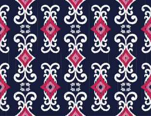 White and pink ikat seamless pattern on dark blue background, designed for fabric prints, garment decorations, wallpaper, wrapping paper, and other printings