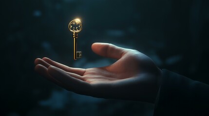 inspiration concept A magical key floats above a hand, symbolizing mystery and potential in dim lighting.