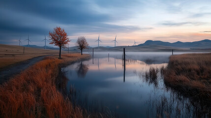 Fototapeta premium serene landscape with lake reflecting wind turbines, trees, and mist. tranquil scene captures beauty of nature at dawn