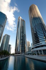 Obraz premium Skyscrapers Reflected in Calm Water Under Blue Sky Daylight
