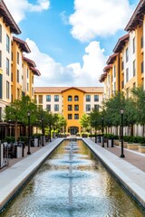 Obraz premium Serene Urban Oasis with Water Feature and Modern Architecture Design