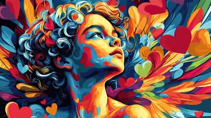 A vibrant, colorful portrait of a young figure with curly hair, surrounded by abstract wings and heart shapes, evoking themes of love and beauty.