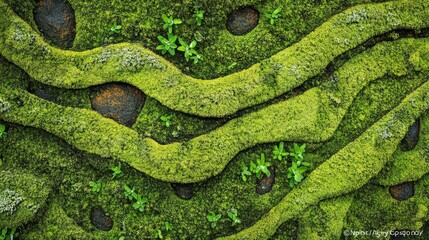 macro capture of living moss surface, dense green botanical carpet, scattered bare patches on stone, natural growth pattern, humid environment texture, forest detail photography, organic spreading
