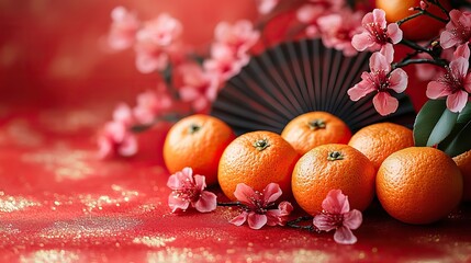 Chinese New Year festive setup featuring ripe tangerines, a decorative fan, and sakura branches on a vibrant red background.