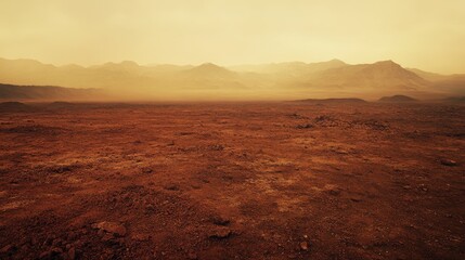 desert mountain panorama, red iron-rich soil, rough rocky ground, atmospheric haze, layered mountainous horizon, arid wasteland, scattered surface debris, otherworldly landscape photography