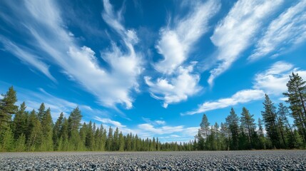 Obraz premium ground level perspective, gravelly terrain foreground, soft focus depth of field, pine forest silhouettes, wispy cirrus clouds, vibrant blue sky, rural landscape, environmental photography