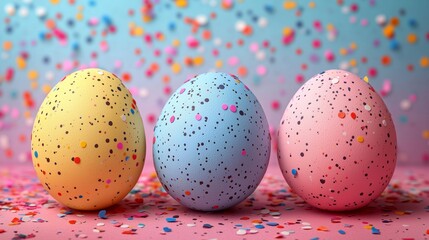 Joyful Celebration with Colorful Speckled Eggs and Confetti