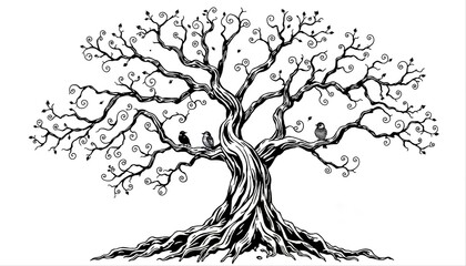 Intricate black and white tree with twisted branches and perched birds.