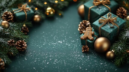 Christmas wonderland Top view of green presents, gleaming baubles, a gingerbread man ornament, ringing bells, a dainty wreath, a candy cane lollipop, and snow against a green backdrop with text space.