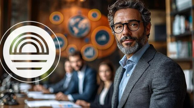 Visionary Leadership in a Professional Setting: A composed leader, radiating confidence, looks directly at the viewer in a bright workspace. A blurred team is in the background.