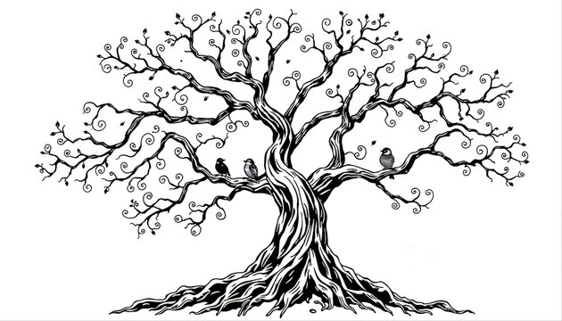 Intricate black and white tree with twisted branches and perched birds.