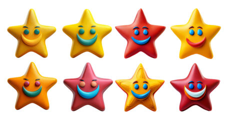 Colorful Smiling Stars with Different Facial Expressions for Kids' Art, isolated on transparent background