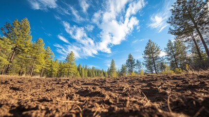 Obraz premium ground perspective landscape, textured earth foreground, scattered pine trees background, feathered white clouds, pristine blue sky, shallow focus technique, rural scenery photography