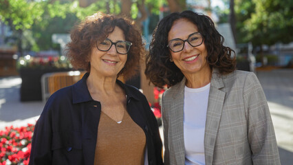 Women smiling together in urban park setting, showcasing friendship and joy among mature hispanic friends outdoors on a sunny day in the city.