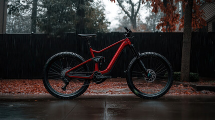 red mountain bike stands in rain, surrounded by autumn leaves, showcasing its sleek design and rugged tires