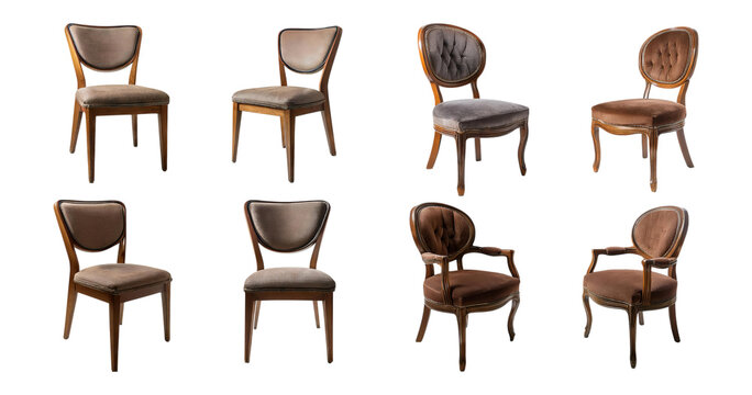 Vintage Wooden Chairs Collection with Upholstered Seats and Backs, isolated on transparent background