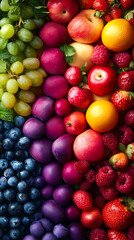 A vibrant display of various fruits arranged in a colorful spectrum. This fresh assortment includes grapes, apples, oranges, and berries, promoting health and nutrition.