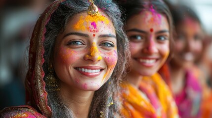 Fototapeta premium Families enjoying the Holi festival together, playing with colored powders and water, sharing laughter and love in a joyful celebration.