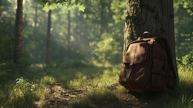 A lone backpack leaning against a tree, in a quiet forest clearing.