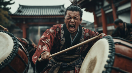 Fototapeta premium A dynamic mid-range shot of traditional drummers, their intense expressions visible as they strike massive taiko drums, deep reds and blacks in their costumes