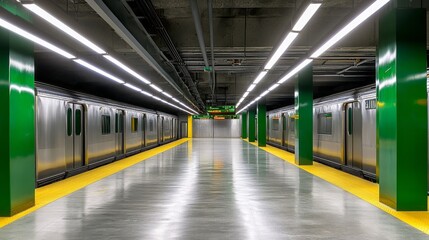 Fototapeta premium Underground subway platform, motion blur train, stainless steel carriage, fluorescent lighting, green support columns, yellow safety strip, concrete floor, urban photography
