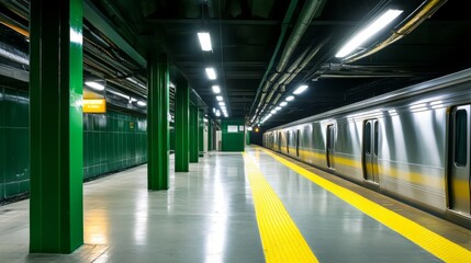 Obraz premium Underground subway platform, motion blur train, stainless steel carriage, fluorescent lighting, green support columns, yellow safety strip, concrete floor, urban photography