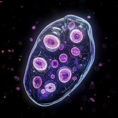 Microscopic view of a vibrant cell exhibiting various organelles and structures.