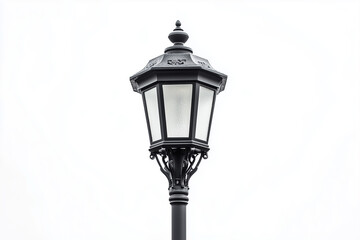 Classic lamp pole isolated on white background, Selective focus modern garden lamp post on white background, Backyard grass field lantern.