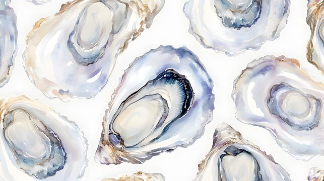 Watercolor painting depicting several oysters in various open positions