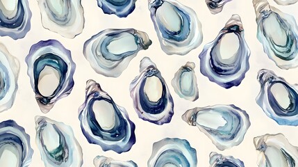 Watercolor oysters are arranged on a light background seamlessly