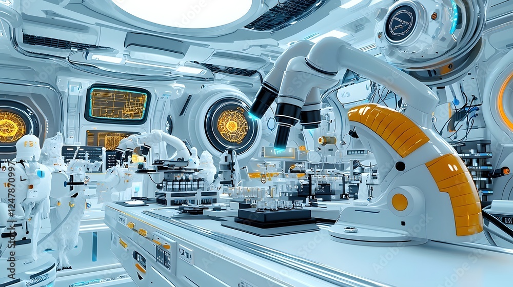 Poster cutting edge veterinary research laboratory filled with sophisticated high tech instruments microsco