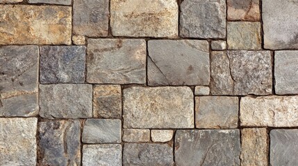 Naklejka premium Traditional European stone pathway, interlocking rectangular pavers, weathered granite surface, detailed ground texture, ancient street pattern, documentary photography style, neutral color palette,