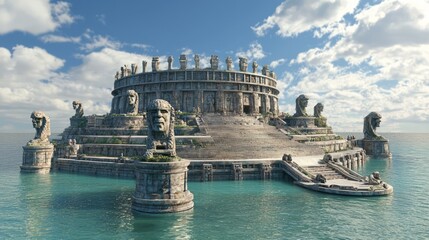 Gargantuan Temple Surrounded by Water and Majestic Statues
