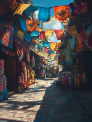 Obraz premium A vibrant market alley adorned with colorful textiles and fabrics hanging above. The bright colors and intricate patterns create an inviting atmosphere for shoppers and explorers.
