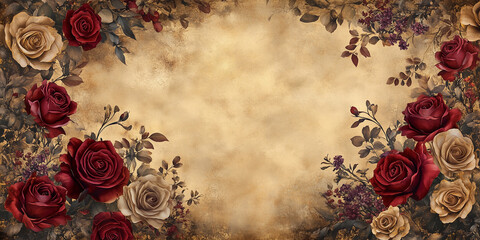 Red and white roses on textured vintage sepia background. Victorian floral greeting card design romantic elegance invitation wedding decoration art.