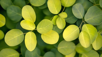 Dense foliage texture, overlapping oval leaves, vibrant lime green and chartreuse colors, botanical close-up, natural pattern, garden photography, organic symmetry, high detail macro, sunlit