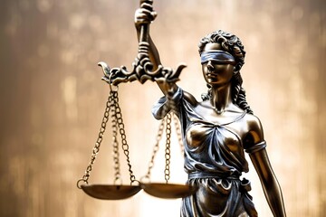 Statue of justice Goddess Themis on blurred background. Symbol of law. With copy space.