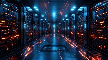 Futuristic server room corridor; glowing data streams; technology background; website header