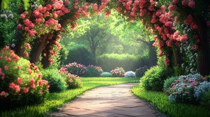 Obraz premium A serene, sunlit garden pathway surrounded by vibrant pink flowers and lush greenery, inviting tranquility and nature's beauty.