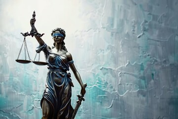 Fototapeta premium Statue of justice Goddess Themis on blurred background. Symbol of law. With copy space.